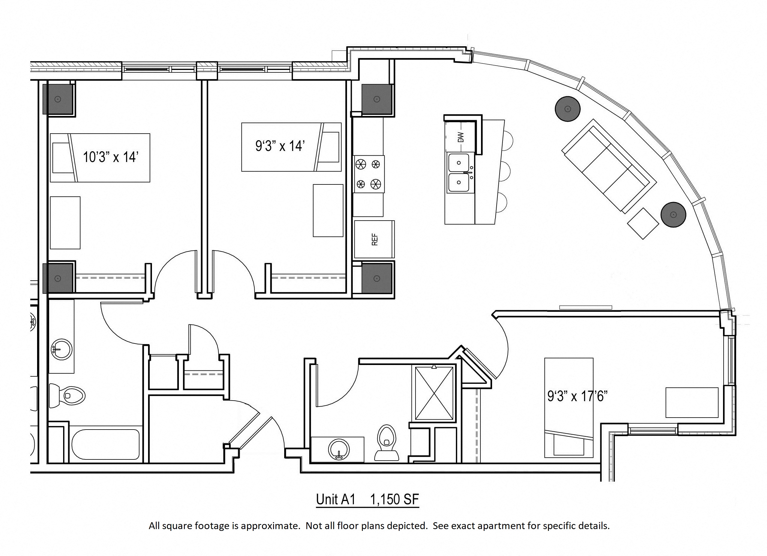 Floor plan for 3 beds, 2 baths, 1150 sqft
